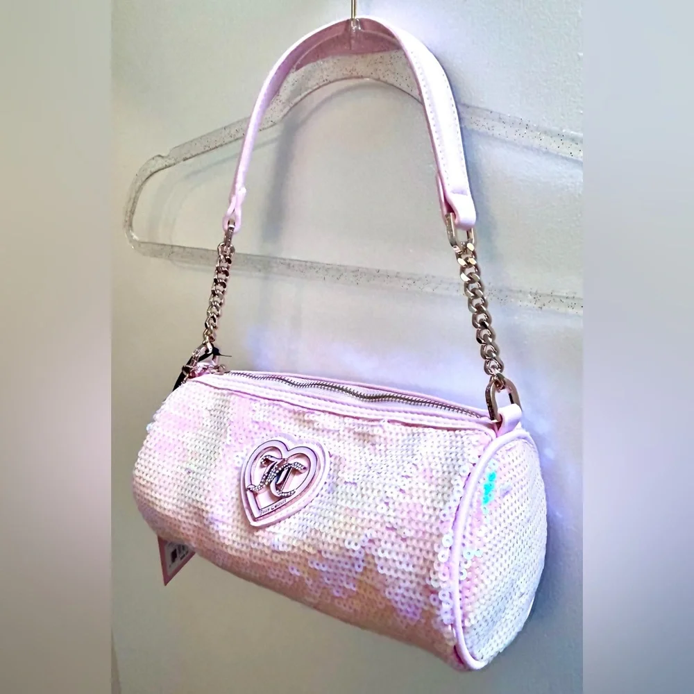 NWT JUICY Couture Pink Sequin Barrel Heart Shoulder Bag Gold look Chain Handle - Picture 4 of 14